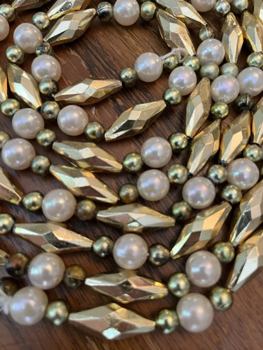 Vintage Beaded Christmas Tree Garland Glam Fancy Gold & White 3 Strands 9Ft Each